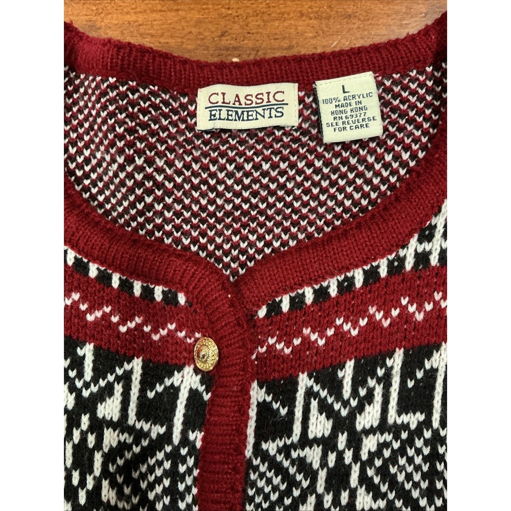 Vintage Fair Isle Cardigan Sweater, Large, Burgundy, Snowflakes - Picture 2 of 9